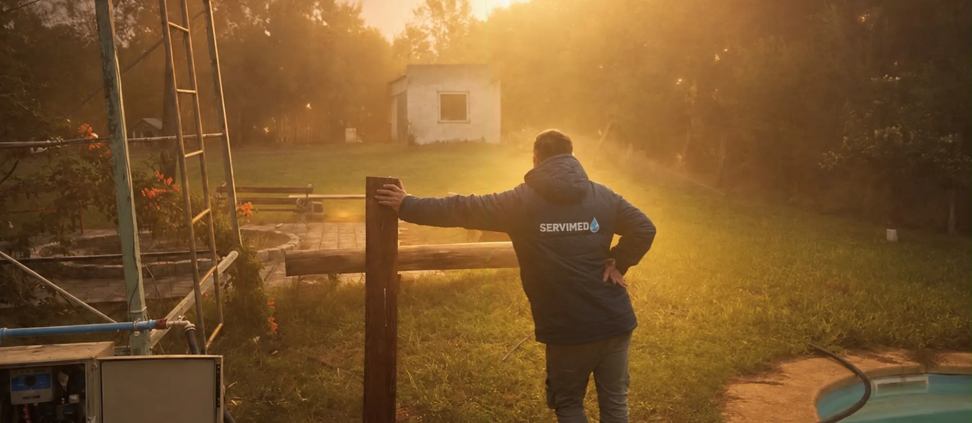 Proyecto de riego de SERVIMED al atardecer: tablero del equipo, aspersores regando el césped y técnico de SERVIMED junto a la piscina